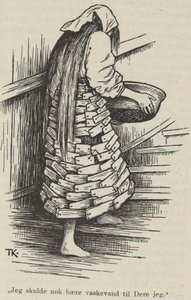 Kari Trstakk Katie Houtenmantel, in haar schorskleding zegt ik ging net het waswater voor je halen door Theodor Kittelsen